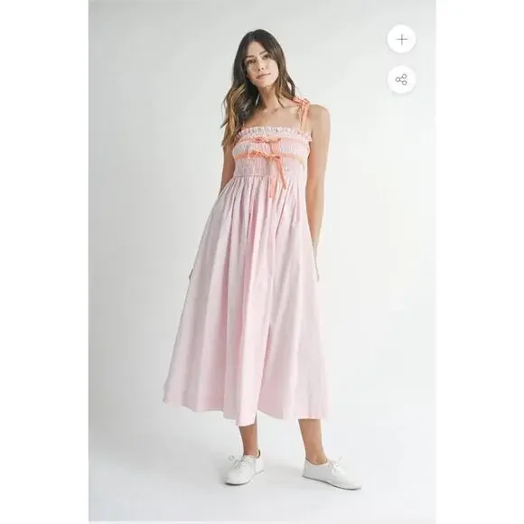 MABLE Lecia Smocked Midi Dress Pink Size Small Orange Tie Straps Smocked Summer - Picture 1 of 9